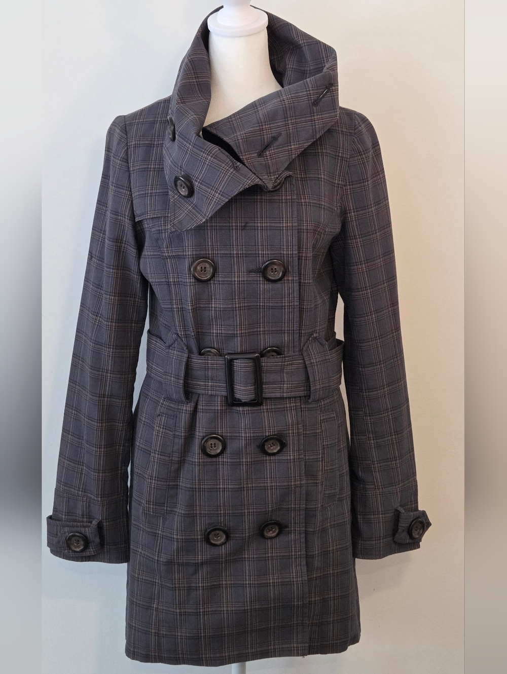 Women's Double-Breasted Plaid Trench Coat - Grey